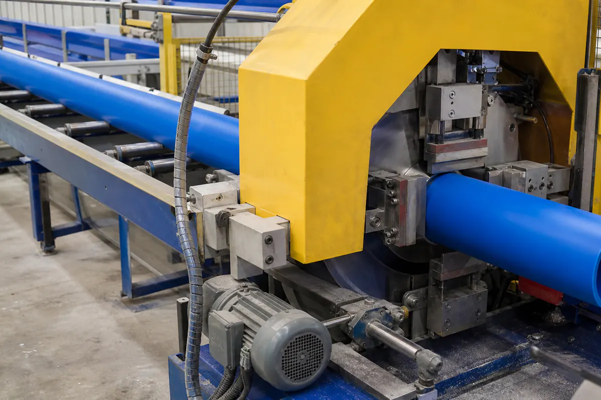 محطة قص آلية تقطع أنبوب PVC أزرق في نهاية خط الإنتاج