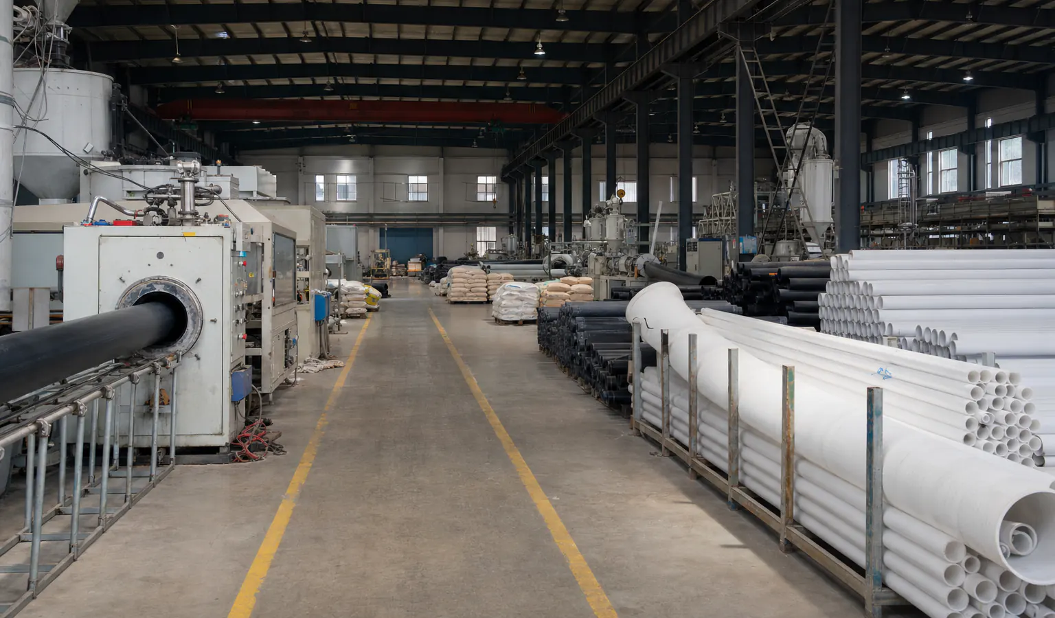 مشهد واسع من داخل مصنع عامل لإنتاج أنابيب PVC والبولي إيثيلين