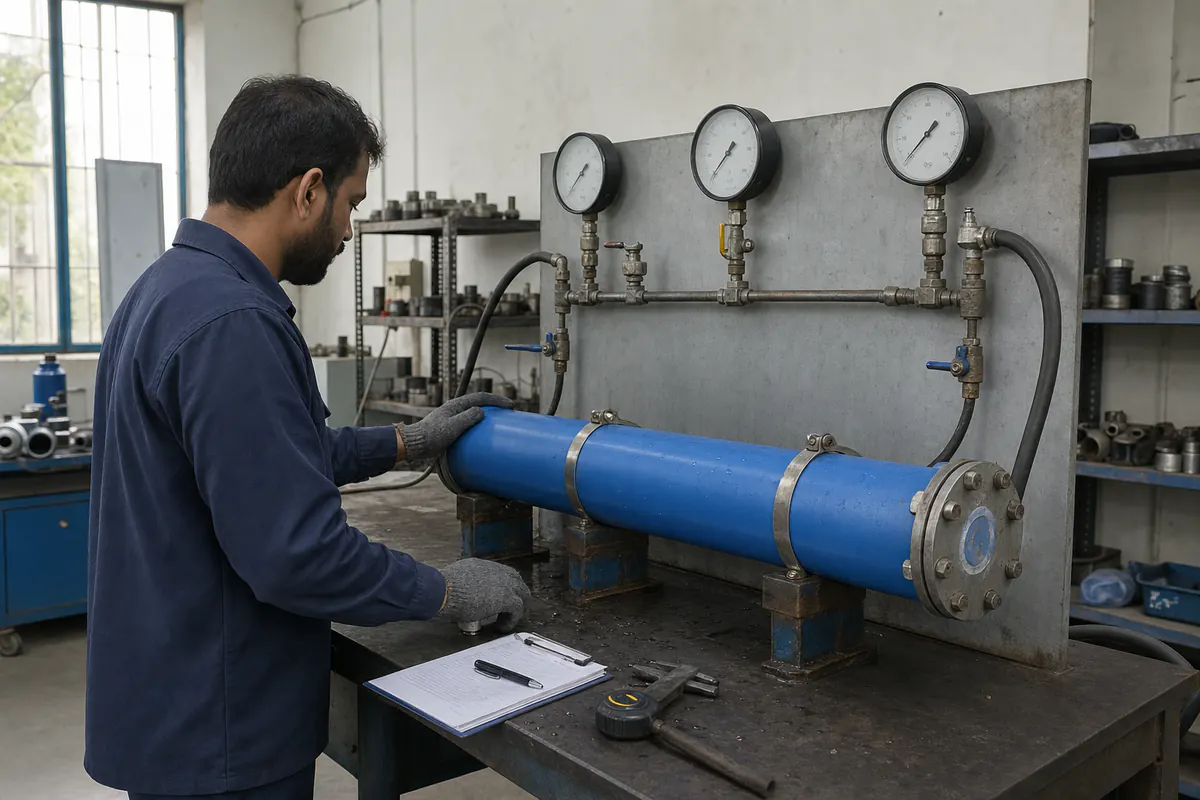 فني يفحص عينة أنبوب PVC على منصة اختبار الضغط الهيدروستاتيكي